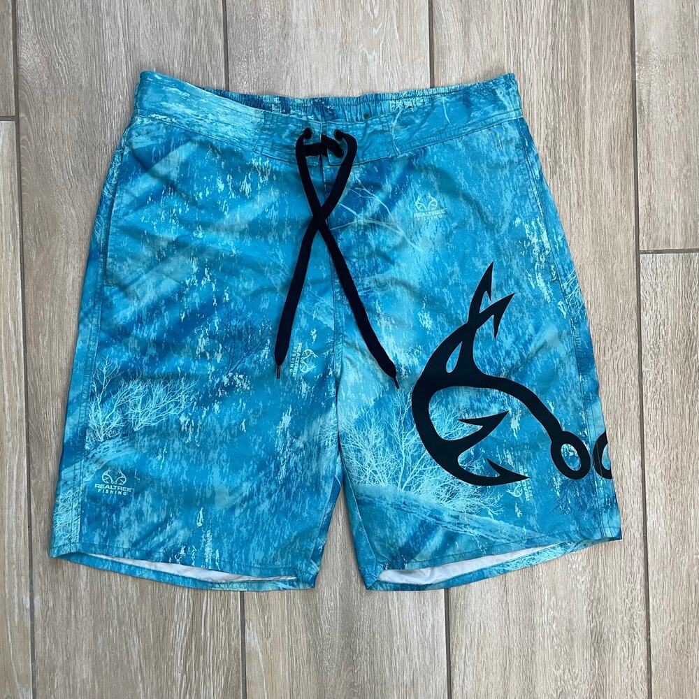 Realtree Swim Trunks Mens M Blue Camo Fishing Board Shorts Lined 8.5